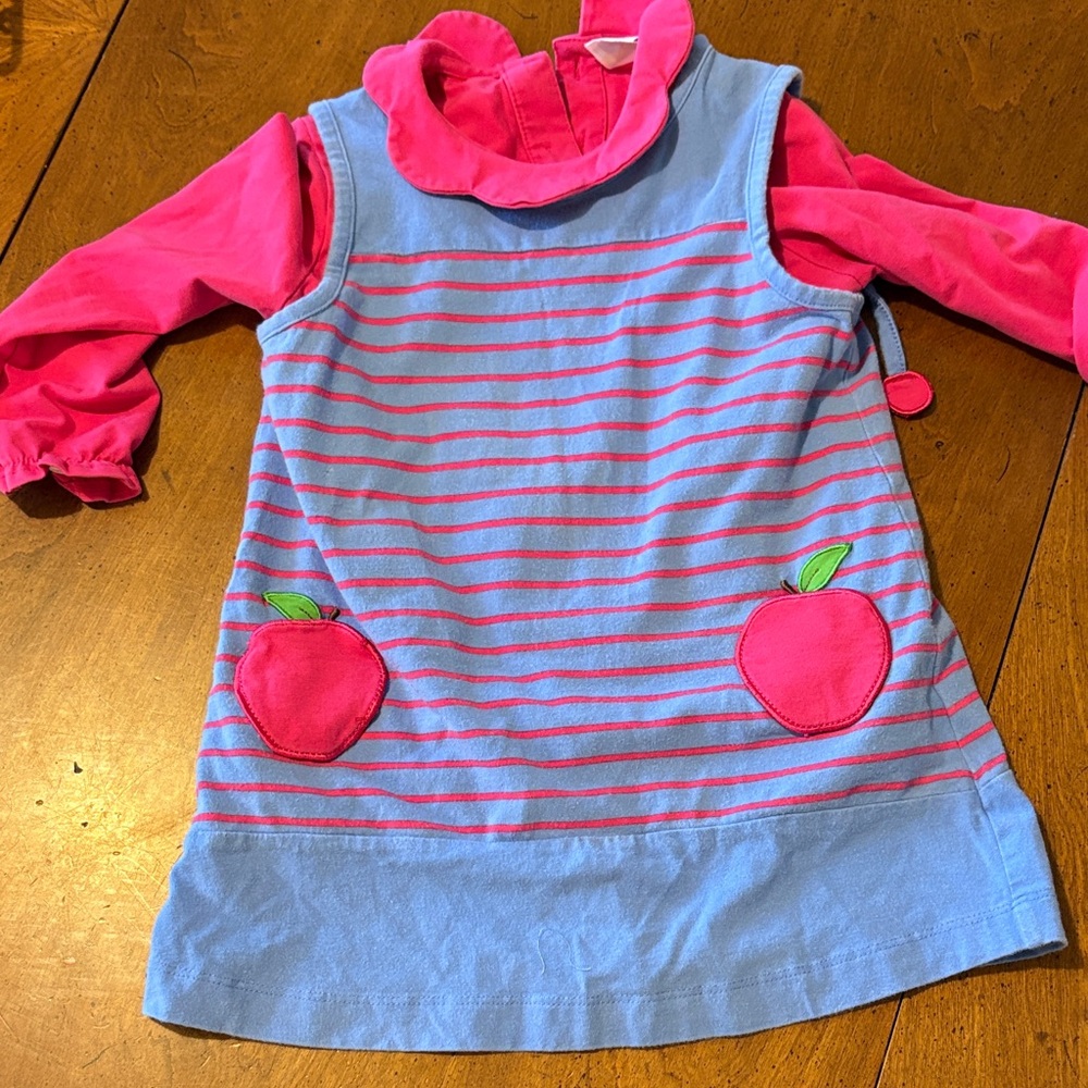 Pink &  Blue Striped Girls Dress with Apple Pockets - Back to School